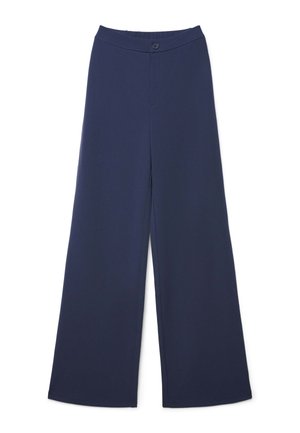 Pantaloni a gamba larga blu navy con vita alta e chiusura con un bottone singolo in vita.