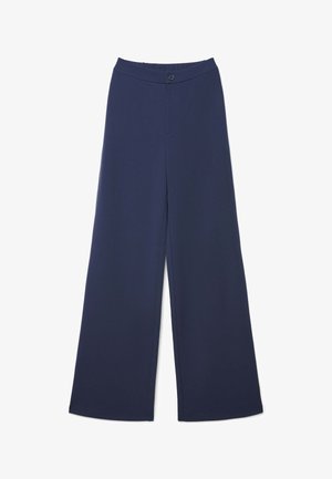Pantaloni a gamba larga blu navy con vita alta e chiusura con un bottone singolo in vita.