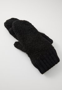 Des moufles noires tricotées en fil moelleux et texturé avec des poignets côtelés. Le design présente une surface douce pour la chaleur et le confort.