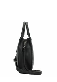 Sac à main en cuir noir avec une forme structurée, deux anses supérieures, une bandoulière ajustable et des accents en métal argenté. Détail de surface texturée.