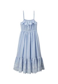 Robe en coton bleu clair avec des bretelles spaghetti, un col froncé, une taille élastique et une bordure en dentelle brodée au niveau de l'ourlet. Design de jupe évasée.