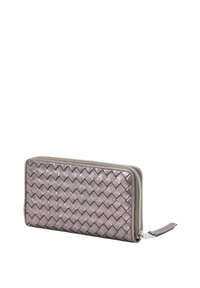 Metallic purple leather wallet with woven texture, zip closure, and side tab. Features a sleek rectangular shape and smooth interior.