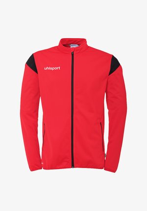 Rode sportjack met hoge kraag, zwarte accenten op de schouders, rits aan de voorkant en zijzakken. Met logo op de linkerkant van de borst.