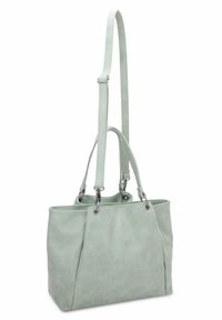 Sac fourre-tout en cuir vert clair avec double poignée et bandoulière. Texture lisse, forme structurée, accents en métal sur les côtés.