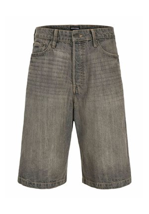 Graue, knielange Jeansshorts für Herren mit vorderem Knopf, Reißverschluss, Gürtelschlaufen und vorderen Taschen von Jack & Jones.