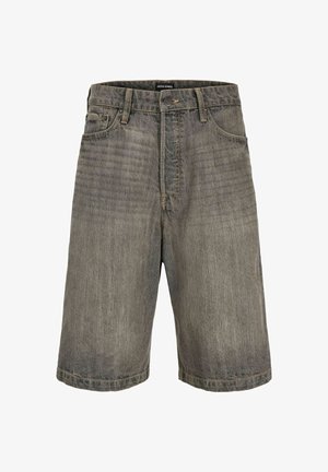 Graue, knielange Jeansshorts für Herren mit vorderem Knopf, Reißverschluss, Gürtelschlaufen und vorderen Taschen von Jack & Jones.