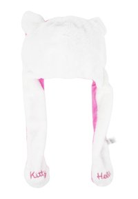 Cappello di peluche bianco con dettagli rosa, dotato di orecchie da gatto e alette lunghe, ricamato con "Kitty" e "Hello" in rosa. Texture morbida e soffice.