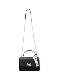 Borsa in pelle nera e suede con una tracolla a catena di tonalità oro, manico superiore e chiusura a morsetto frontale. Presenta una tracolla con logo impresso.