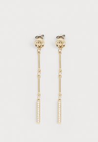 Gold-tone drop earrings featuring clear rhinestones embedded in a rectangular bar. The design includes a chain link and a stud backing.