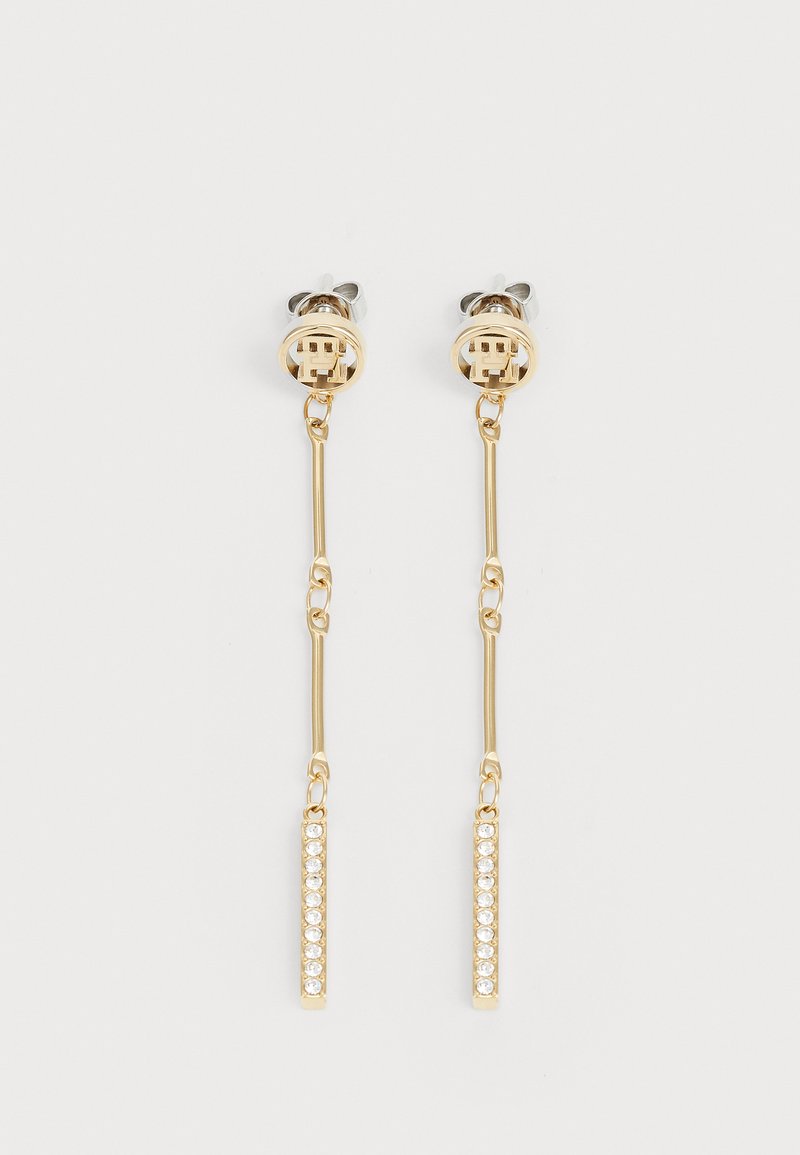 Gold-tone drop earrings featuring clear rhinestones embedded in a rectangular bar. The design includes a chain link and a stud backing.