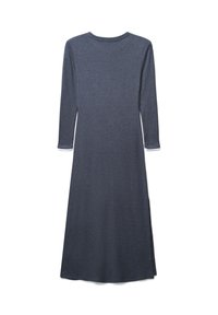 Dunkelgraues Kleid aus weichem Stoff, mit Dreiviertelärmeln, rundem Ausschnitt und seitlichen Schlitzen für mehr Bewegungsfreiheit.