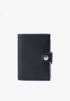 Black leather wallet with a smooth texture, featuring blue stitching, a snap button closure, and a compact rectangular shape.
