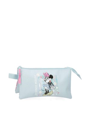 Bolsa azul claro con cremallera que muestra una ilustración de Minnie Mouse y un fondo floral, con un lazo rosa y asa lateral.