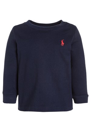 Marineblaue Langarmshirt für Kleinkinder mit Rundhalsausschnitt und kleinem roten gesticktem Polo-Spieler-Logo auf der linken Brust.