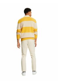 Maglione a righe giallo e crema con bordo a coste, abbinato a pantaloni beige e sneakers bianche. Vista da dietro.