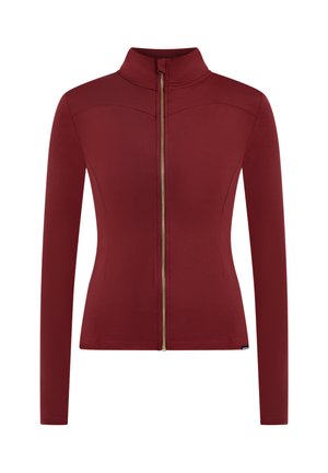 Langærmet jakke med lynlås, dybrødt stof, høj krave, tætsiddende design, guldfarvet lynlås, glat tekstur, uden synlige mønstre eller detaljer.