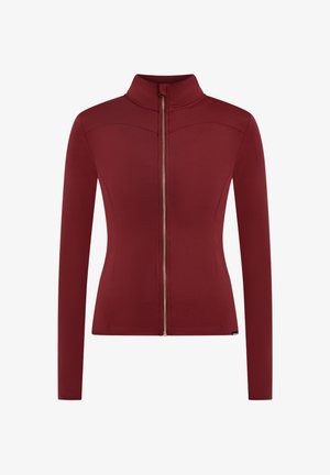 Langærmet jakke med lynlås, dybrødt stof, høj krave, tætsiddende design, guldfarvet lynlås, glat tekstur, uden synlige mønstre eller detaljer.