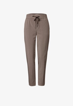 Pantalons à carreaux marron avec taille à cordon de serrage. Présente une coupe fuselée et une texture lisse. Design décontracté adapté à diverses occasions.