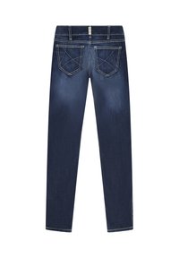 Jeans de mezclilla azul oscuro con un ajuste slim, que cuentan con dos bolsillos traseros con costuras decorativas y un diseño de pierna recta.