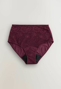 Culottes en dentelle bordeaux taille haute avec des motifs floraux et un panneau en tissu uni, présentées à plat sur un fond clair.
