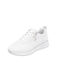 White sneaker with a perforated design, lace-up closure, and side zip, featuring a cushioned sole and subtle logo accents on the side.