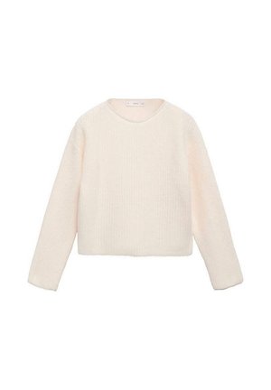 Kremfarvet langærmet, blød sweater med rund halsudskæring og en let forkortet kant, vist på en hvid baggrund.