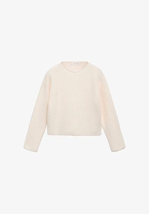 Kremfarvet langærmet, blød sweater med rund halsudskæring og en let forkortet kant, vist på en hvid baggrund.