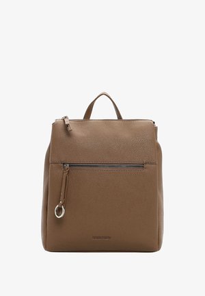 Brown leather backpack with textured surface. Features a top handle, front zip pocket, and logo embossed at the base. Minimalist design.