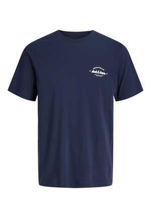 Marineblauw katoenen T-shirt met korte mouwen, ronde hals en een klein wit tekstlogo links op de borst met de tekst "Jack & Jones."