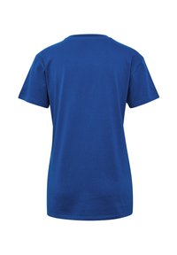 Blue cotton t-shirt with short sleeves, round neckline, and a smooth texture. No logos or additional details visible.