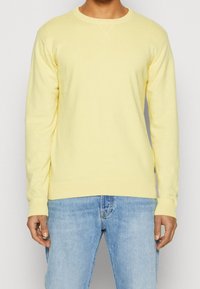 Gelber Langarmpullover aus weicherm Material mit gerippten Bündchen und Saum, kombiniert mit hellblauen Jeans. Einfaches, klassisches Design.