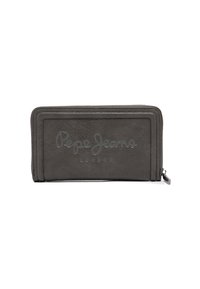 Szary skórzany portfel z zamknięciem na zamek błyskawiczny, wytłoczonym logo "Pepe Jeans London" oraz przeszywaniem na prostokątnym wydaniu.