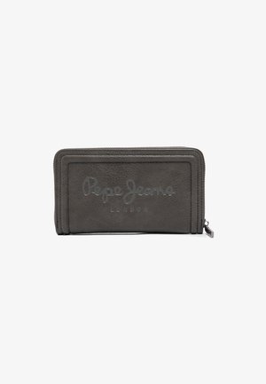 Szary skórzany portfel z zamknięciem na zamek błyskawiczny, wytłoczonym logo "Pepe Jeans London" oraz przeszywaniem na prostokątnym wydaniu.