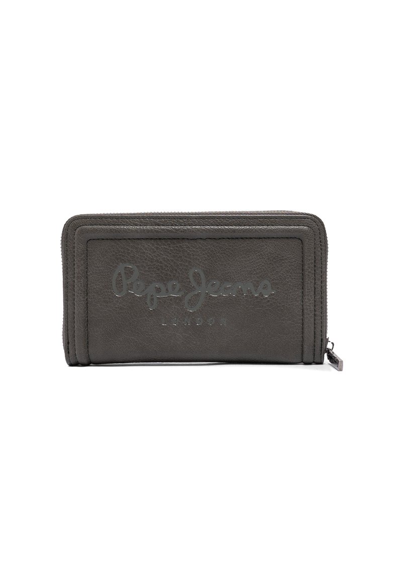 Szary skórzany portfel z zamknięciem na zamek błyskawiczny, wytłoczonym logo "Pepe Jeans London" oraz przeszywaniem na prostokątnym wydaniu.