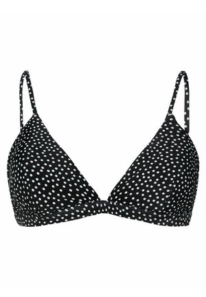 Čierny bikiny top s bodkami, trojuholníkového tvaru, tenkými nastaviteľnými ramienkami a hladkou textúrou látky. Obsahuje biele, rovnomerne rozmiestnené bodky.