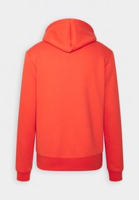 Sweat à capuche à manches longues de couleur orange vif avec capuche fixée, poignets et ourlet côtelés, vu de dos sur un fond clair uni.