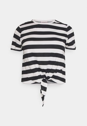 Black and white horizontal striped short-sleeve shirt with a front knot at the hem, displayed on a plain light background.