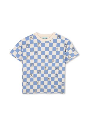 T-shirt à manches courtes à carreaux bleu et blanc avec de petites illustrations répétées de lapins dessinés animés partout.