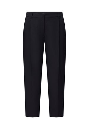 Tailored black trousers with a straight fit, featuring a flat front, crease detail, and no visible pockets. Made from lightweight fabric.