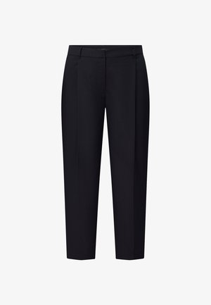 Maßgeschneiderte schwarze Hose mit geradem Schnitt, flacher Vorderseite, Bügelfalte und ohne sichtbare Taschen. Hergestellt aus leichtem Stoff.