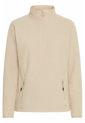 Beige fleece genser med høy krage, halv glidelås og to sidelommer; glatt tekstur og enkelt tonalt logo på brystet.