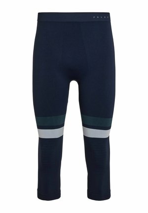 Marinefarbene Capri-Leggings mit einer glatten Textur, versehen mit horizontalen Streifen in Dunkelgrün und Hellgrau, sowie einem figurbetonten Design.