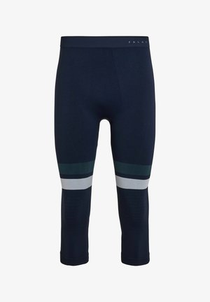 Navy capri leggings with a smooth texture, featuring horizontal stripes in dark green and light gray, and a fitted design.