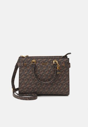 Brown patterned handbag with gold-tone hardware, dual handles, adjustable shoulder strap, and zip closure. Features geometric design throughout.