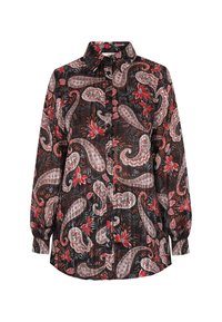 Camicia nera con bottoni, caratterizzata da motivi paisley e floreali in rosso, bianco e beige. Maniche lunghe con polsini arricciati e colletto a punta.