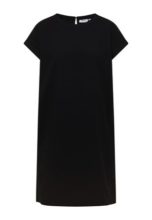 Czarna sukienka o długości do kolan z krótkimi rękawami, okrągłym dekoltem i zamkiem błyskawicznym z tyłu, wykonana z gładkiej tkaniny.