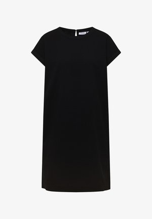 Vestido negro de manga corta hasta la rodilla con escote redondo y cierre de cremallera en la espalda, hecho de tela lisa.