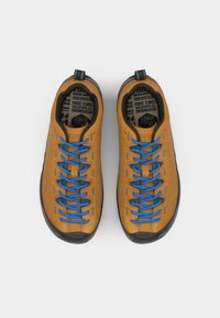 Brown leather shoes with blue laces, featuring a low-profile design and rubber soles, with ventilation holes and a textured finish.