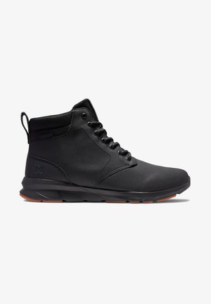 Black boots with a smooth matte upper, lace closure, padded collar, and rubber sole featuring a small logo accent on the side.
