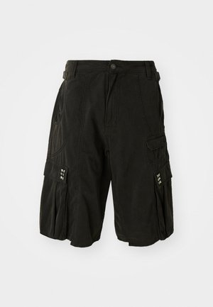Black knee-length cargo shorts with front pockets, side flap pockets with metallic studs, belt loops, and button closure.